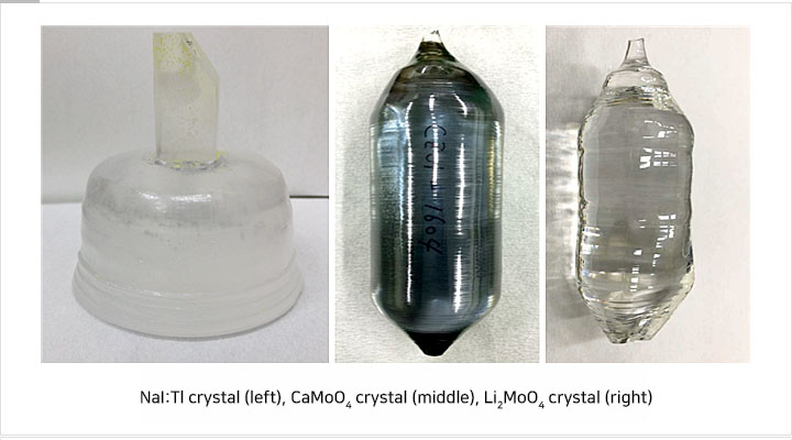Figure 3 : NaI:Tl crystal (left), CaMoO4 crystal (middle), Li2MoO4 crystal (right)