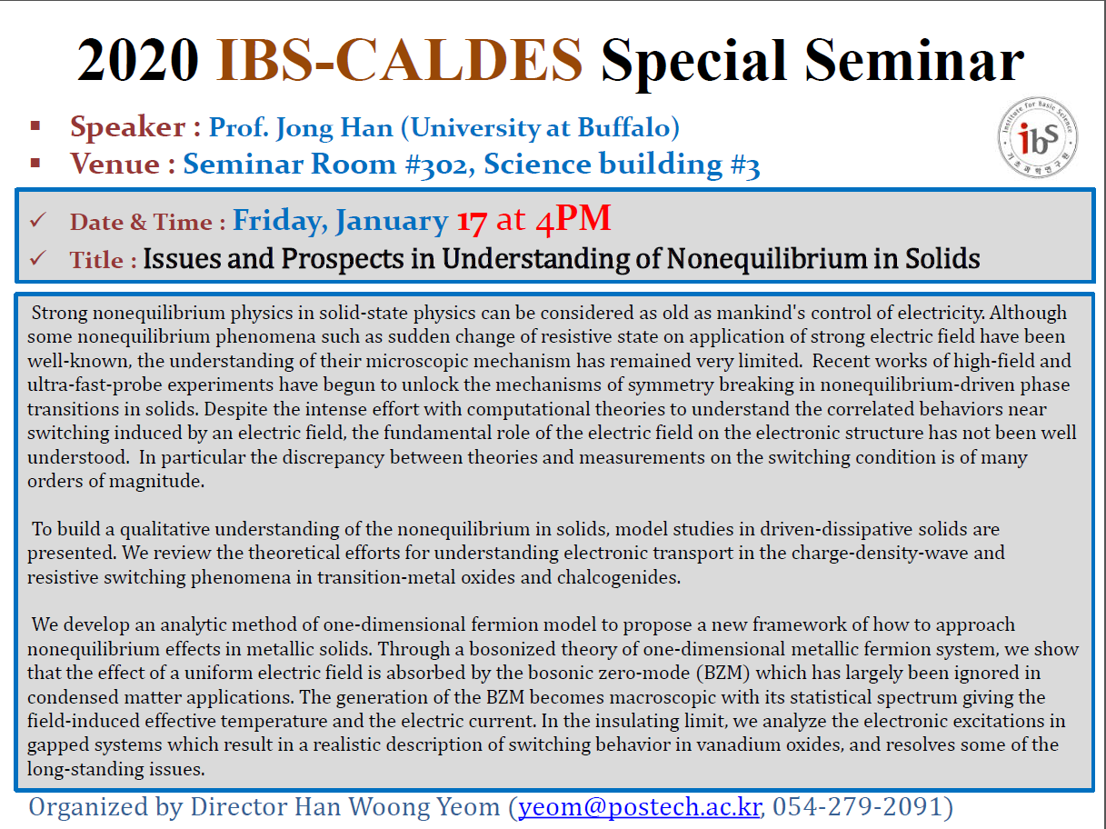 IBS-CALDES Special Seminar on Issues and Prospects in Understanding of Nonequilibrium in Solids