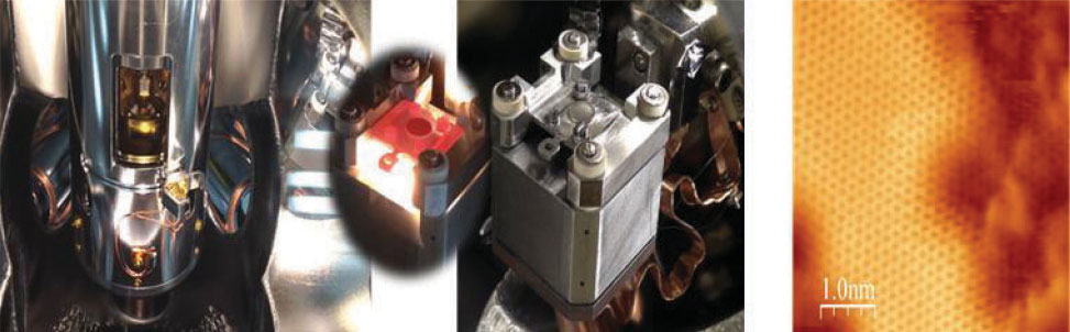 Figure 9. A scanning tunneling microscope with transport capability (left). A sample heating stage (middle). An STM image of graphene showing atomic lattices (right)