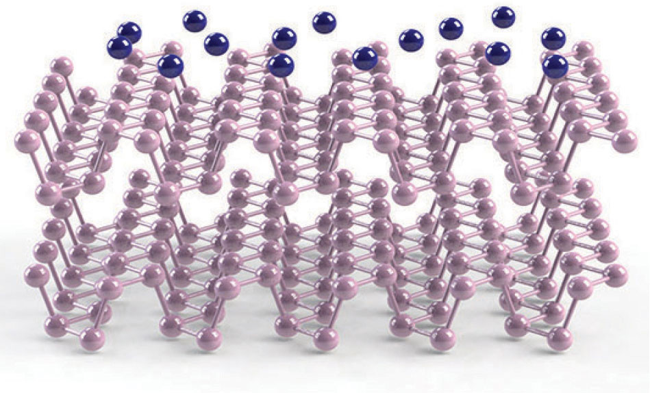 Figure 2. Schematic for few-layer black phosphorus doped with alkali-metal atoms. Purple balls and sticks show the lattice structure of black phosphorus, and the blue balls represent potassium dopants.