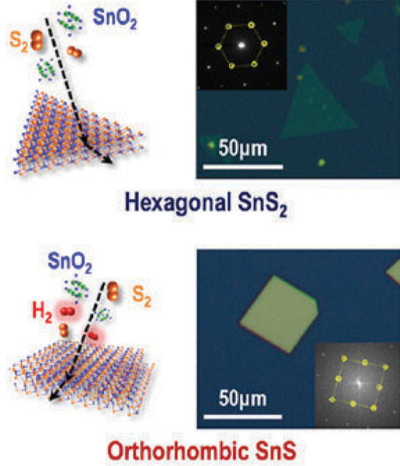 Figure 7. Growth schematics and representative optical microscope images & TEM FFT-diffraction patterns of hexagonal SnS2 in N2 and orthorhombic SnS in N2-H2.
