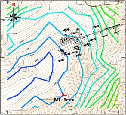 Yemilab tuunel on a muon flux gradient map. The muon flux gradient is calculated by a simulation with a topography of the Yemi mountain. The access tunnel will go along the most effective direction for muon reduction.