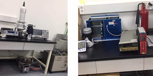 4 K test setup at CUP, Cryostat (left) and DAQ (right)