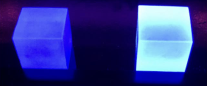 Nal scintillation crystal (left), Nal:Tl scintillation crystal(right) excited by a 254 nm wavelength (UV) LED lamp