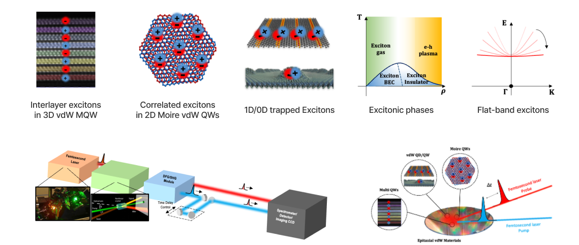 interlayer excitions in 3D vdW MQW, Correlated excitions in 2D Moire vdW QWs, 1D/0D trapped Excitons, Excitons phases, Flat-band excitions