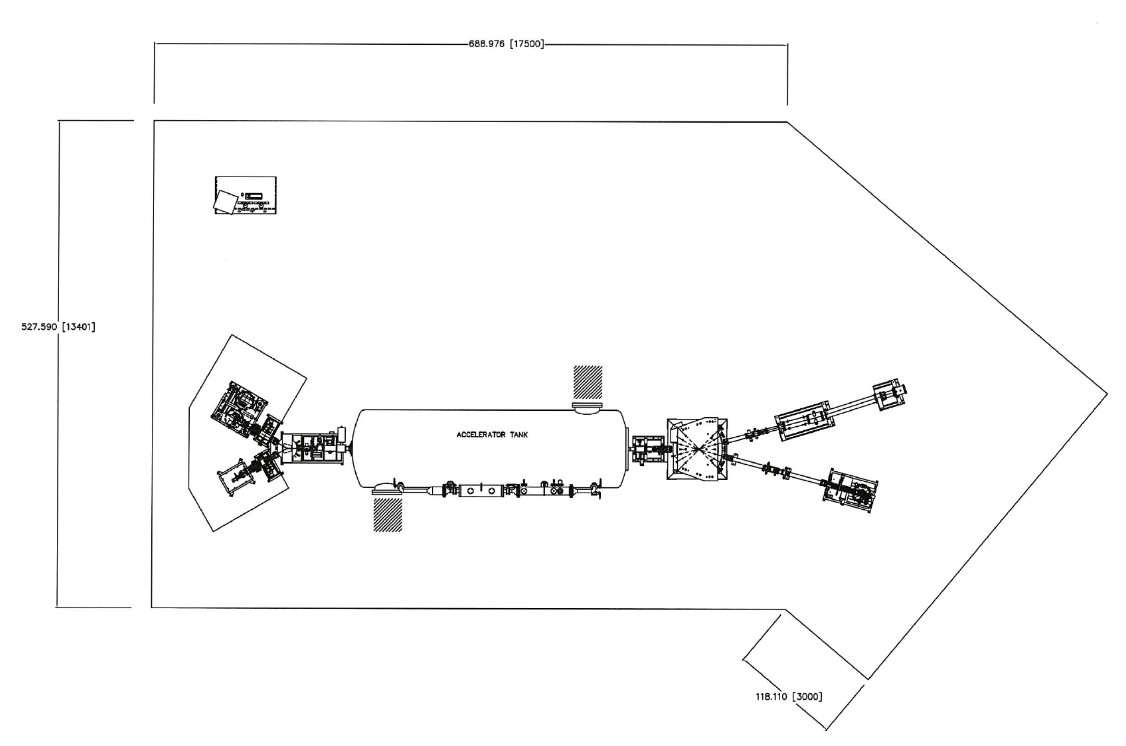 A schematic floor plan of an accelerator facility showing the central tank and connected beamlines