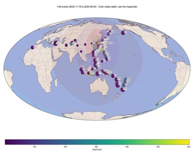 A global map displaying the distribution and depth of seismic events across the Asia-Pacific region using color-coded markers.