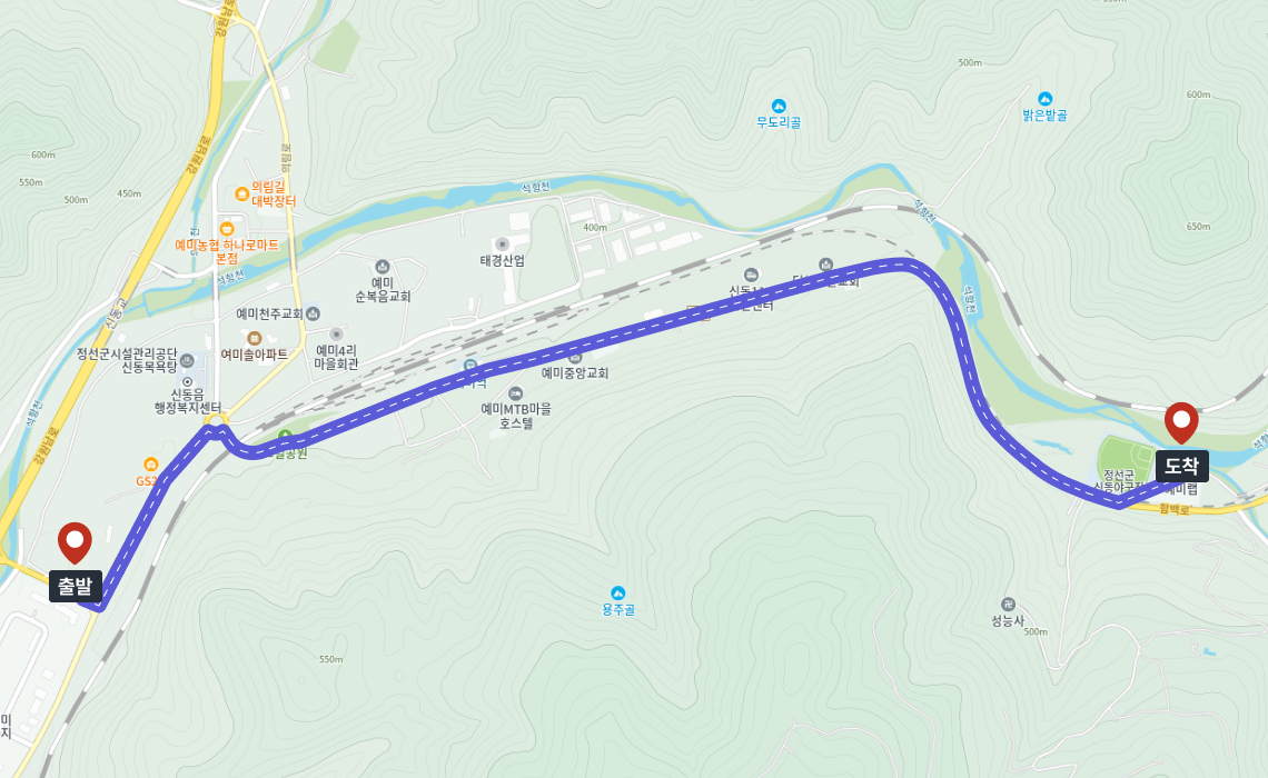 천포삼거리에서 출발하여 예미역 방향을 지나 정선군 예미랩으로 이어지는 이동 경로를 나타낸 지도